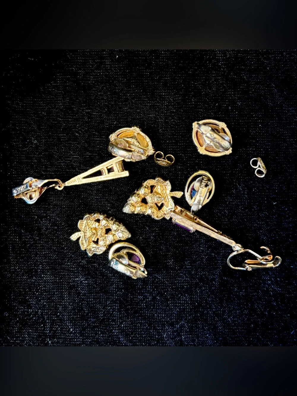 VINTAGE Lot purple Earrings Faux Amethyst Stamp TRIFARI and AVON clip on pierced